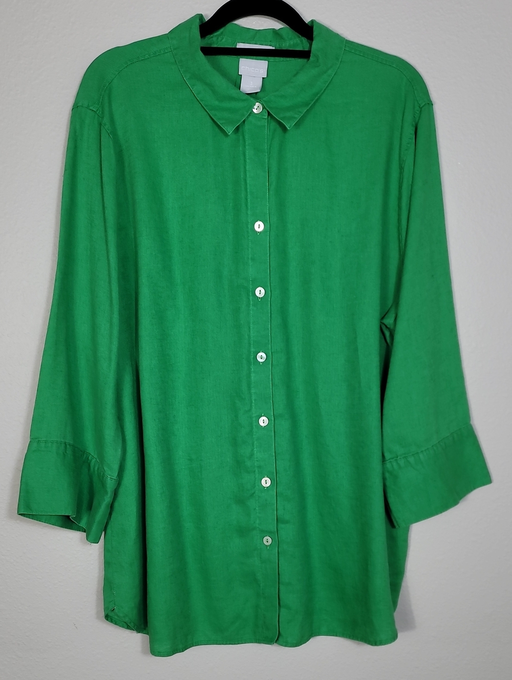 Chicos No Iron 100% Linen Button Down Shirt Size 3 XL Kelly Green